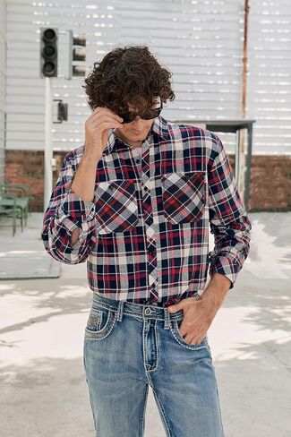 Cromoncent Mens Casual Flannel Shirts Long Sleeve Western Plaid Shirt with Double Chest Pockets,Blue Plaid,Large in Kuwait