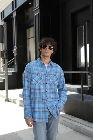 Cromoncent Mens Casual Flannel Shirts Long Sleeve Western Plaid Shirt with Double Chest Pockets,Blue Plaid,Large in Saudi Arabia