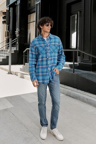 Cromoncent Mens Casual Flannel Shirts Long Sleeve Western Plaid Shirt with Double Chest Pockets,Blue Plaid,Large in Saudi Arabia
