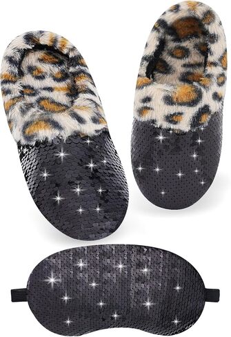 Girls Plush Sequin Slippers With Sleep Mask, Cute Faux Fur Slip-on Shoes Memory Foam House Shoes for Girls Bedroom Slippers in Kuwait