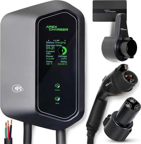 MACH 2:Fast Level 2 EV Charger 48 amp Garage-pro Wall-Mount. Electric Vehicle Charging Station 4 Nema 14-50 Outlet. J1772 car Connector. Key Accessories: 30ft Cable & Tesla NACS evse Portable Adapter in Kuwait