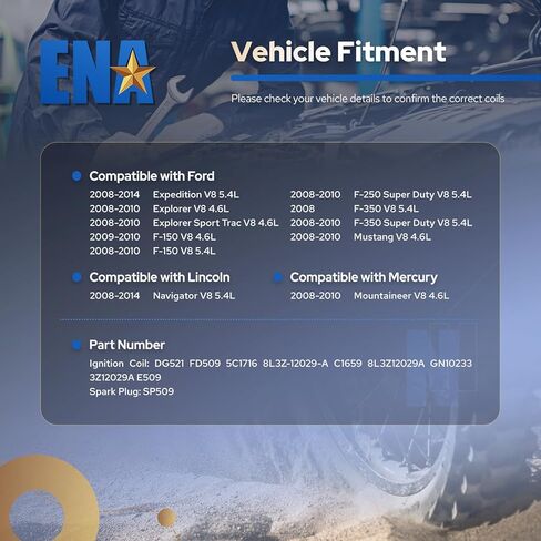 مجموعة ENA مكونة من 8 ملفات إشعال DG521 Platinum Spark Plug SP509 متوافقة مع Ford Mustang Expedition Explorer F150 Super Duty F250 F350 F450 F550 F650 F750 F53 F59 4.6L 5.4L 6.8L 8L 3Z12029A in Kuwait