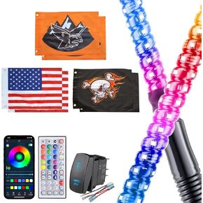 2 Pack 2FT Whip Lights with Spring Base & Rocker Switch，APP & Remote Control Led Whip Lights W/6 Nylon Flags, 366 Modes Spiral RGB Chasing Lighted Whips for UTV ATV RZR SXS Can-Am in Kuwait