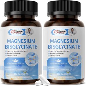بيسجليسينات المغنيسيوم 100%، مكمل جليسينات المغنيسيوم الأقصى القابل للامتصاص من أجل نوم مريح، طاقة العضلات ودعم العظام والمفاصل، غير معدل وراثيًا، خالي من الغلوتين - 180 كبسولة in Kuwait