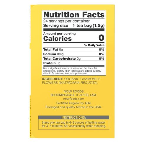 NOW Foods, Chamomile Tea, Comfort in a Cup, Relaxing and Caffeine-Free, Non-GMO, Premium Unbleached Tea Bags with No-Staples Design, 24-Count in Saudi Arabia