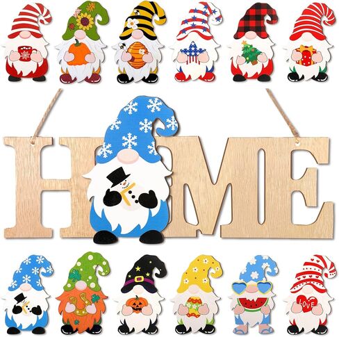 Yookeer Interchangeable Gnomes Home Sign Wood Valentines Day Door Sign Seasonal Gnomes St Patrick's Day Home Decor Rustic Easter Gnome Porch Sign with 12 Pieces Changeable Gnomes(Wood Color) in Saudi Arabia