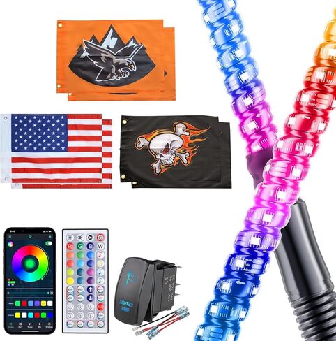 2 Pack 2FT Whip Lights with Spring Base & Rocker Switch，APP & Remote Control Led Whip Lights W/6 Nylon Flags, 366 Modes Spiral RGB Chasing Lighted Whips for UTV ATV RZR SXS Can-Am in Kuwait
