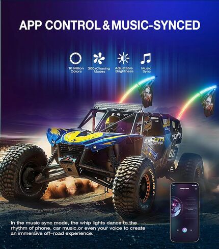 2 Pack 2FT Whip Lights with Spring Base & Rocker Switch，APP & Remote Control Led Whip Lights W/6 Nylon Flags, 366 Modes Spiral RGB Chasing Lighted Whips for UTV ATV RZR SXS Can-Am in Kuwait