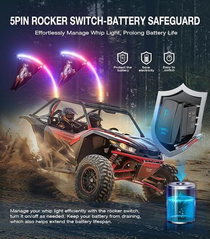 2 Pack 2FT Whip Lights with Spring Base & Rocker Switch，APP & Remote Control Led Whip Lights W/6 Nylon Flags, 366 Modes Spiral RGB Chasing Lighted Whips for UTV ATV RZR SXS Can-Am in Kuwait