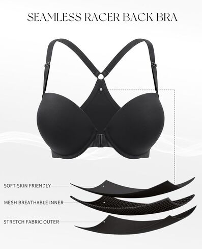YANDW Racerback Push Up Padded Bras for Women Add 2 Cup Front Closure Back Smoothing T Back Plunge Underwire Bra in Kuwait