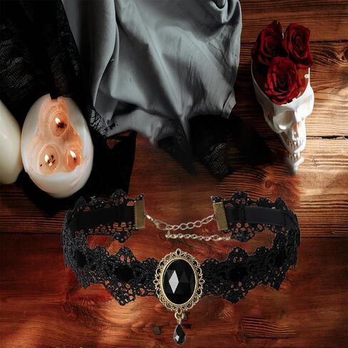 Gothic Lace Choker Necklace Vintage Crystal Gem Necklace Lace Necklace Goth Necklace Victoria Vampire Bat Crystal Necklace Holiday Party Halloween Costume Jewelry for Women in Kuwait