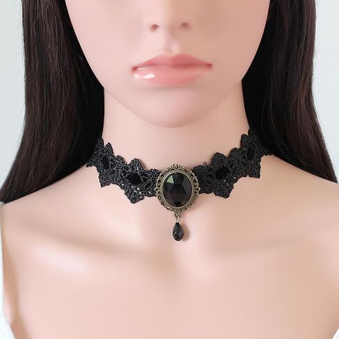 Gothic Lace Choker Necklace Vintage Crystal Gem Necklace Lace Necklace Goth Necklace Victoria Vampire Bat Crystal Necklace Holiday Party Halloween Costume Jewelry for Women in Kuwait