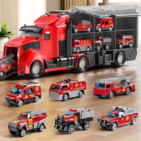 Fire Trucks Toy Set with Play Mat, Carrier Truck Play Vehicles Set for 3 4 5 6 Years Old Boys Kids, Die-Cast Car Toy for Toddlers 3-4 Years, Birthday Gifts Toys for 3-9 Year Old Boys in Kuwait