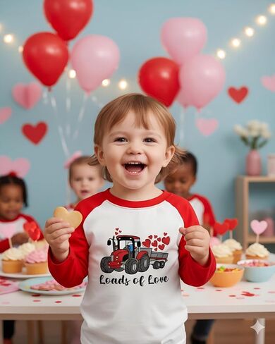 Toddler Girls Boys Valentines Day T-Shirt Love Heart Dinosaur Tractor Raglan Long Sleeve Tees for Kids 2 to 7 Years in Kuwait