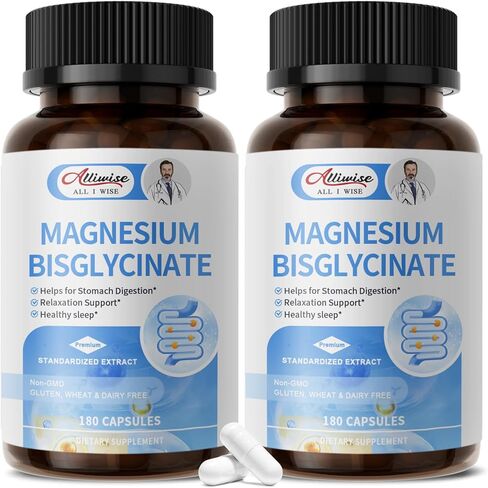 بيسجليسينات المغنيسيوم 100%، مكمل جليسينات المغنيسيوم الأقصى القابل للامتصاص من أجل نوم مريح، طاقة العضلات ودعم العظام والمفاصل، غير معدل وراثيًا، خالي من الغلوتين - 180 كبسولة in Kuwait