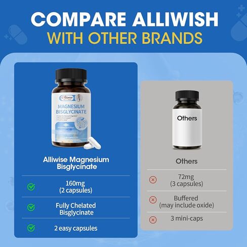 بيسجليسينات المغنيسيوم 100%، مكمل جليسينات المغنيسيوم الأقصى القابل للامتصاص من أجل نوم مريح، طاقة العضلات ودعم العظام والمفاصل، غير معدل وراثيًا، خالي من الغلوتين - 180 كبسولة in Kuwait