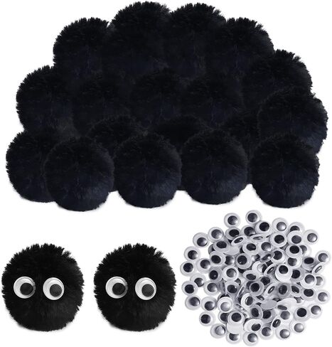 50pcs Acrylic Black Pompom Balls 2 Inch Acrylic Large Pompoms Balls Halloween Costume Pom Poms Crafts Pom Poms 100pcs Adhesive Eyes Halloween Party Christmas DIY Crafts in Kuwait