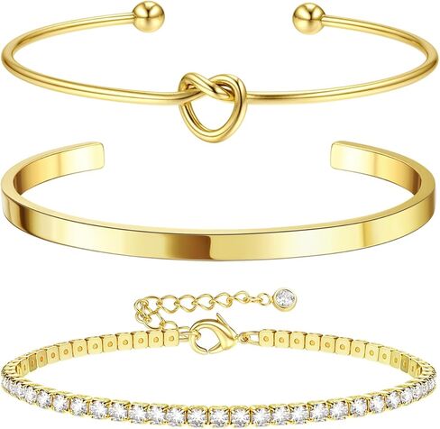 Dainty Gold Bracelets for Women - Trendy 14K Gold Bracelet Stack Set Non Tarnish Gold Beaded Bracelets 5PCS Stackable Waterproof Jewelry for Women Gold Adjustable Cuff/Tennis/Beaded/Paperclip/Cuban Link Chain Bracelet With 2" Extension in Kuwait