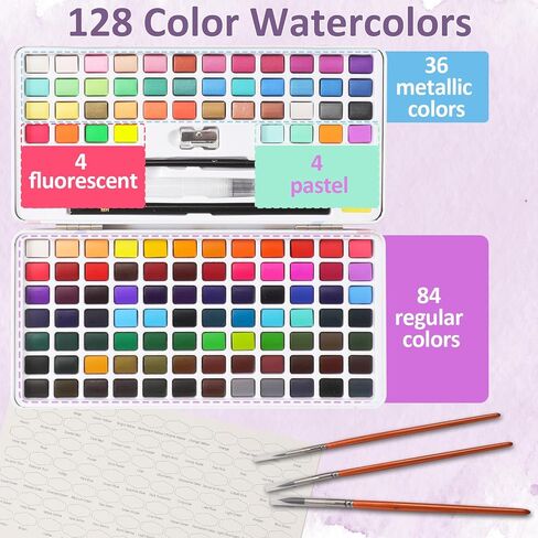 مجموعة ألوان مائية قابلة للغسل 128 لونًا مع 4 فرش، مجموعة ألوان مائية محمولة للسفر مع حقيبة حمل، لوحة ألوان وإكسسوارات، لوازم فنية غير سامة هدية للفنانين البالغين والمراهقين والأطفال والبنات والأولاد in Kuwait