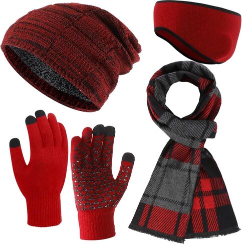 4 Pcs Winter Hats Scarf Gloves Earmuff Set for Men Fleece Lined Knit Beanies Warm Scarf Touch Screen Gloves Earmuff in Saudi Arabia