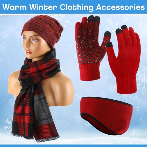 4 Pcs Winter Hats Scarf Gloves Earmuff Set for Men Fleece Lined Knit Beanies Warm Scarf Touch Screen Gloves Earmuff in Saudi Arabia