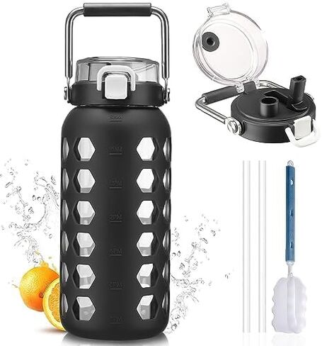 MUKOKO 64oz Glass Water Bottles with Straw, Half Gallon Water Bottle with Time Marker, Motivational Water Bottle with Silicone Sleeves,Large Glass Water Bottle for Gym,Working,Outdoor,Olive in Saudi Arabia