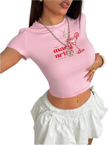 SHENHE Women's Summer Graphic Crop Tee Crew Neck Short Sleeve Funny Fitted T Shirt Top in Saudi Arabia