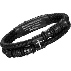 TempBeau Christian Black Leather Bracelet for Men - Double-Row Braided Leather Faith Cross Bracelets for Men Jewelry Gift Religious Baptism Easter Gifts for Young Men Teenage,Adjustable Wristband in Kuwait