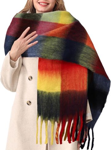 HOTIAN Women's Large Scarf Colorful Chunky Plaid Scarves Soft Winter Thick Tassel Warm Wrap Shawl in Kuwait