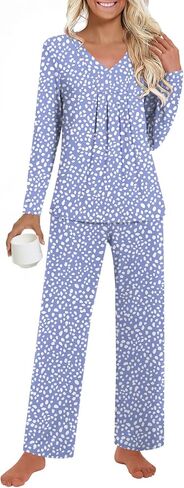 Anyhold Womens Fall Pajama Sets 2 Piece Long Sleeve Pjs, Ladies Sleepwear Pleated Outfits Lounge Set with Pockets in Saudi Arabia