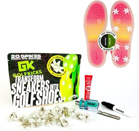 مجموعة مرابط أحذية الجولف DIY من Golfkicks - حوّل أحذيةك الرياضية إلى أحذية جولف - هدية ممتعة - مرابط متوافقة مع أحذية النعل المطاطي المسطح - تتضمن 20 مسمار جولف لأي حذاء وأدوات تثبيت in Saudi Arabia