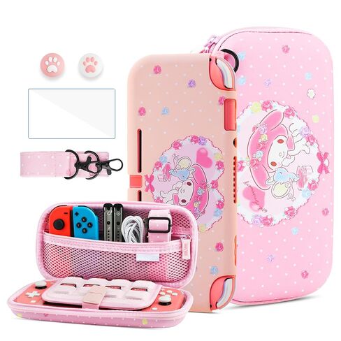 HYPERCASE Cute Switch Lite Case Kit of Kirby, with Pink Travel Carrying Bag for Lite Accessories Storage, Softshell Switch Lite Cover Skin, HD Screen Protector, Shoulder Strap & 2 Kawaii Thumb Caps in Saudi Arabia