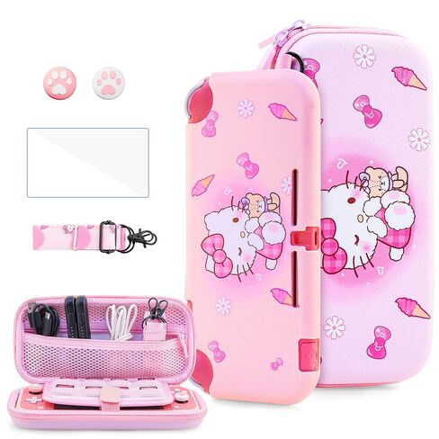 HYPERCASE Cute Switch Lite Case Kit of Kirby, with Pink Travel Carrying Bag for Lite Accessories Storage, Softshell Switch Lite Cover Skin, HD Screen Protector, Shoulder Strap & 2 Kawaii Thumb Caps in Saudi Arabia