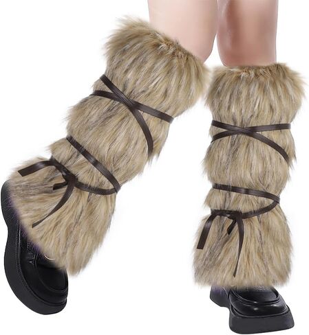 haozaikeji Viking Faux Fur Leg Warmers Furry Medieval Boot Covers Warrior Leg Guards Cosplay Costume Accessory for Women Men in Kuwait
