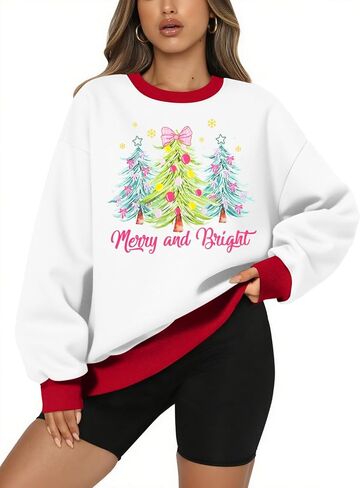 QLIPIN Merry Christmas Sweatshirt for Women Oversized Christmas Tree Pullover Xmas Holiday Long Sleeve Crewneck Sweater in Kuwait