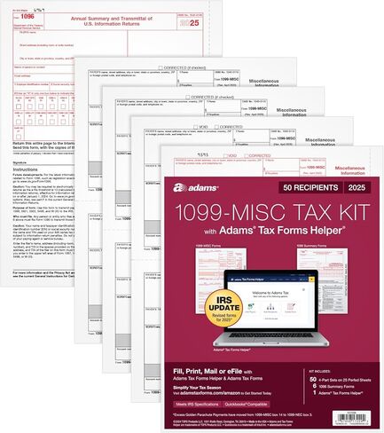 Adams 2024 1099 MISC Tax Forms, 4 Part, Laser/Inkjet, 50 Recipients, Plus 6 1096 Forms, 2 Up, Access to Tax Forms Helper (1009312) in Kuwait