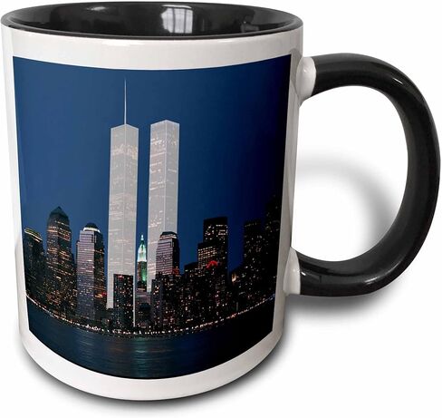 كوب 3dRose New York City Evening Skyline يتميز بالبرجين التوأم، 11 أونصة، أسود in Kuwait