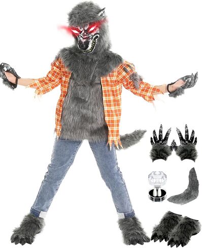 Werewolf Costume for Boys, Wolf Suits with Light Up Red Eyes Mask, Gloves, Shoes, Tail, Fangs Dress up for Kids in Saudi Arabia