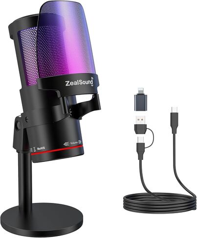 ZealSound Gaming USB Microphone,Noise Cancellation Condenser mic with RGB Light,Touch Mute,Gain,Monitoring for Streaming,Podcast,Twitch,YouTube,Discord,iPhone,iPad,PC,Computer,PS4,PS5,Mac,GamerWave in Kuwait