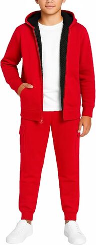 Boys' Sherpa Fleece Jogger Set - 2 Piece Basic Solid Full Zip Warm Cozy Sherpa Hoodie and Sweatpants (Size: 8-18) in Kuwait