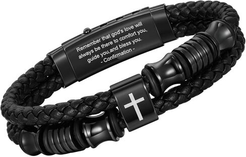 TempBeau Christian Black Leather Bracelet for Men - Double-Row Braided Leather Faith Cross Bracelets for Men Jewelry Gift Religious Baptism Easter Gifts for Young Men Teenage,Adjustable Wristband in Kuwait
