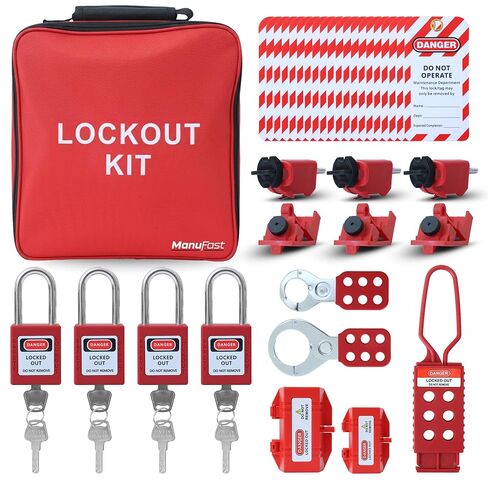 مجموعة علامات القفل للمعدات الكهربائية - تأتي مع قفل قاطع الدائرة الكهربائية، ومشبك قفل المجموعة، وعلامات الأمان، وقاطع عالمي متعدد الأقطاب - حقيبة حمل in Kuwait