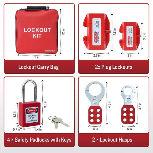 مجموعة علامات القفل للمعدات الكهربائية - تأتي مع قفل قاطع الدائرة الكهربائية، ومشبك قفل المجموعة، وعلامات الأمان، وقاطع عالمي متعدد الأقطاب - حقيبة حمل in Kuwait