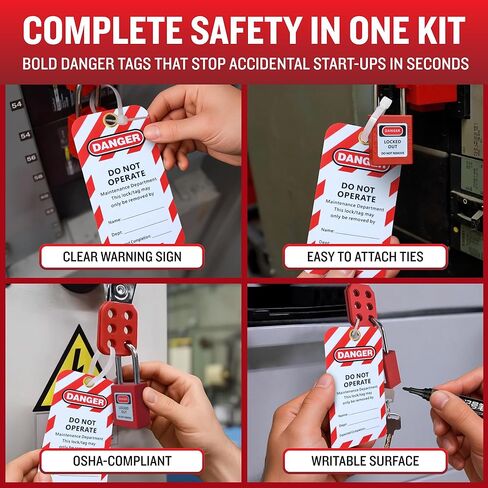 مجموعة علامات القفل للمعدات الكهربائية - تأتي مع قفل قاطع الدائرة الكهربائية، ومشبك قفل المجموعة، وعلامات الأمان، وقاطع عالمي متعدد الأقطاب - حقيبة حمل in Kuwait