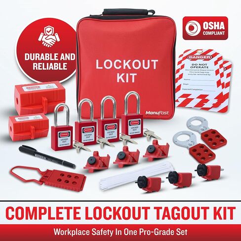 مجموعة علامات القفل للمعدات الكهربائية - تأتي مع قفل قاطع الدائرة الكهربائية، ومشبك قفل المجموعة، وعلامات الأمان، وقاطع عالمي متعدد الأقطاب - حقيبة حمل in Kuwait