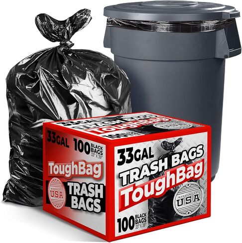 ToughBag 30-33 Gallon Trash Bags, 32 x 38" Black Garbage Bags (250 COUNT) – 30+, 32 Gallon Outdoor Industrial Garbage Can Liner for Custodians, Landscapers, Lawn Bags - Made In USA in Kuwait