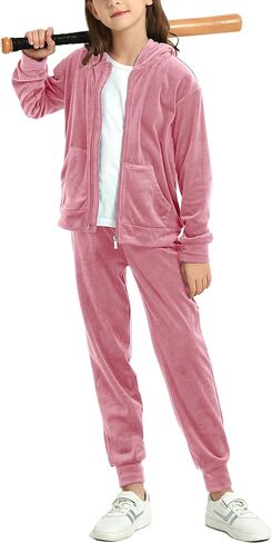 MessBebe طقم بدلات رياضية للفتيات للركض بدلة رياضية قطيفة مكونة من قطعتين ملابس بسحاب وقلنسوة طقم ملابس رياضية 110-150 in Kuwait