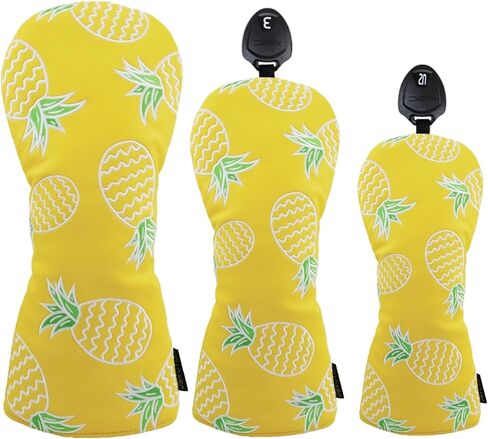 3pcs Set Fairway Wood Head Covers Driver Headcover and Hybrid Headcover- Stylish Pineapple Design Golf Head Covers for Woods and Driver, Yellow Or White Synthetic Leather Golf Accessories for Men in Kuwait