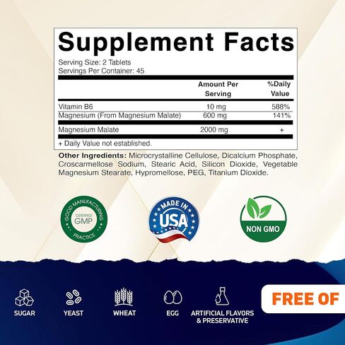 Vitamatic Magnesium Malate 2000mg per Serving - 90 Vegetarian Tablets - Added B6 for Maximum Absorption - Supports Muscle, Joint, and Heart Health* in Saudi Arabia