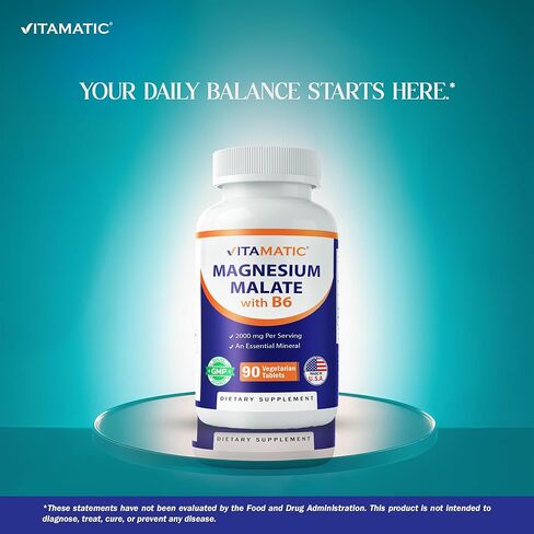 Vitamatic Magnesium Malate 2000mg per Serving - 90 Vegetarian Tablets - Added B6 for Maximum Absorption - Supports Muscle, Joint, and Heart Health* in Saudi Arabia